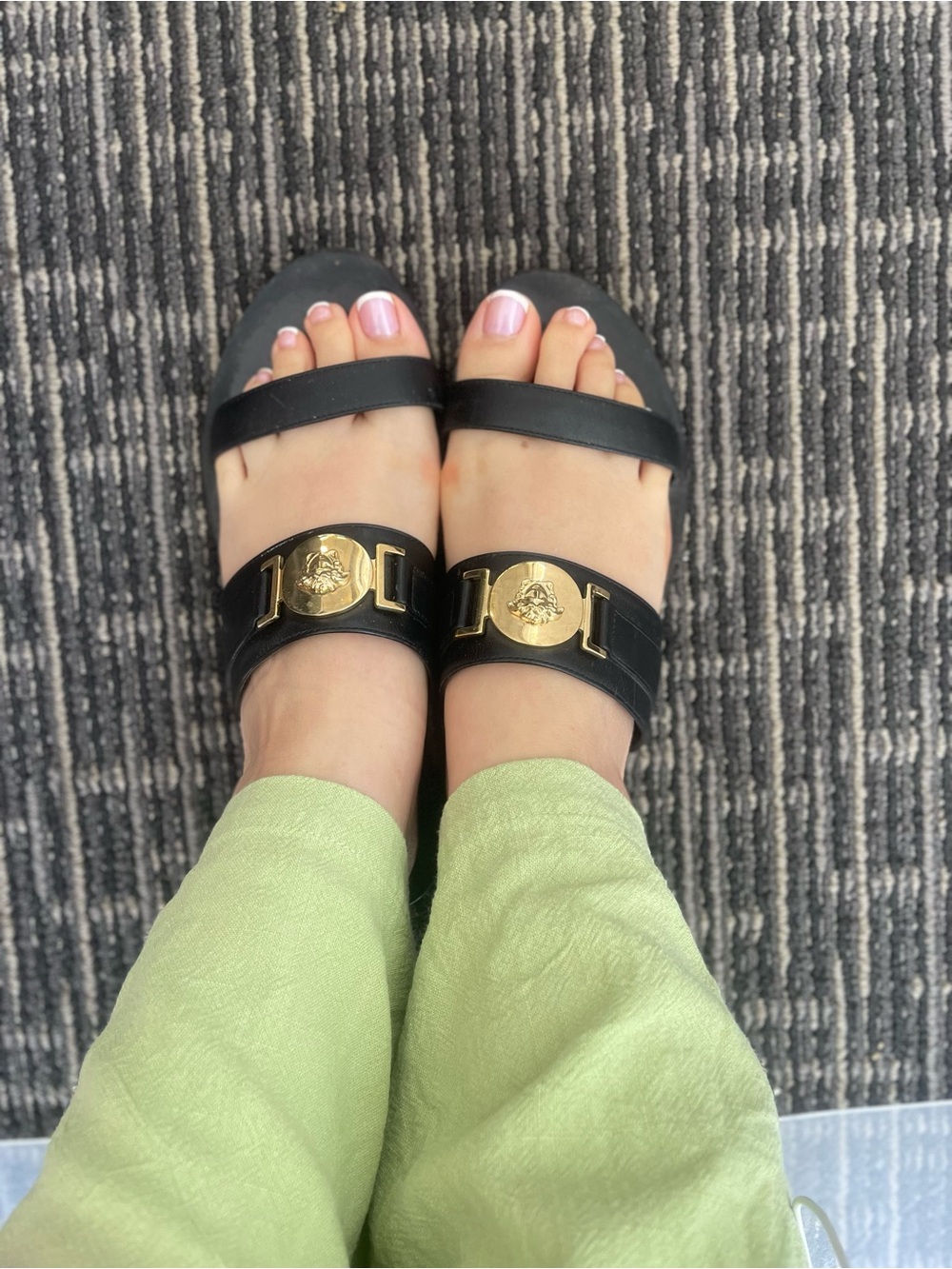 Versace Black Leather Slide Sandals with Gold Medallion